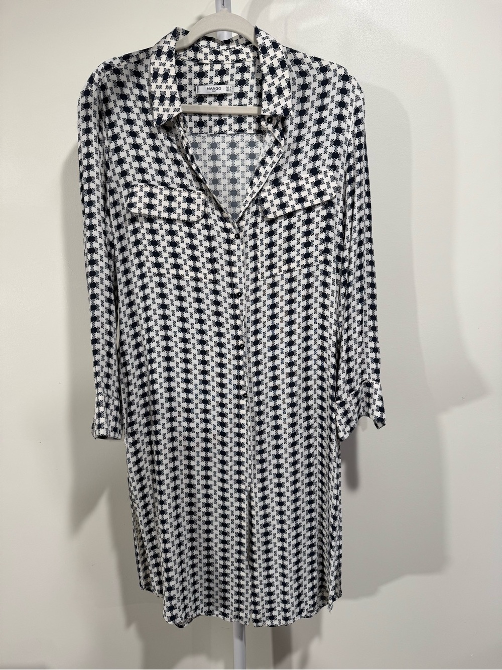 Mango Black & White Long Sleeve Shirt Dress with Pocket Flaps